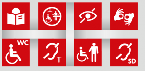 8 Piktogramme im Design der Stadt Mannheim, die für unterschiedliche Teilaspekte von Barrierefreiheit stehen: Das bekannte Rollstuhlfahrer-Piktogramm steht z.B. für bauliche Zugänglichkeit, ein weiteres Piktogramm mit zwei Händen verdeutlicht: Hier gibt es eine Übersetzung in Gebärdensprache.